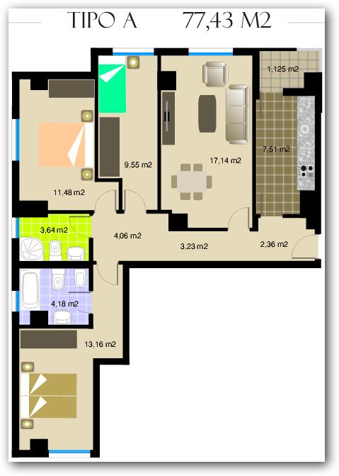 Plano de casa de 3 habitaciones