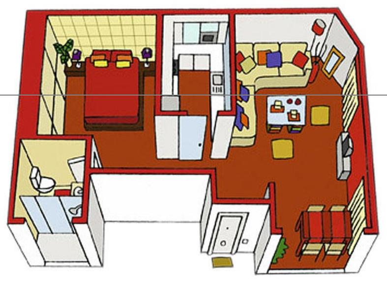Colorido plano de casa de un solo dormitorio en perspectiva