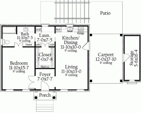 Plano de casa de un dormitorio con depósito