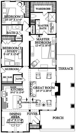 Plano de casa de 3 dormitorios, 1 piso de estilo americano