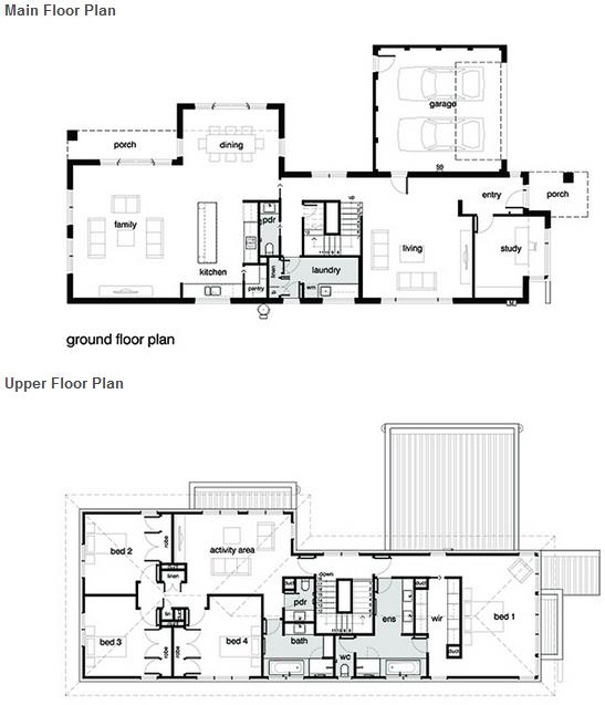Plano de casa moderna con 4 dormitorios, garaje y 3 baños