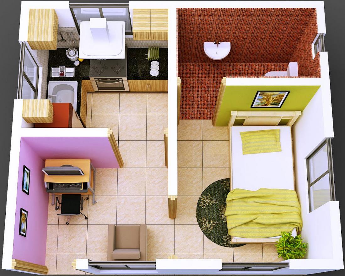 Plano de casa pequeña de 1 dormitorio en 35 metros cuadrados