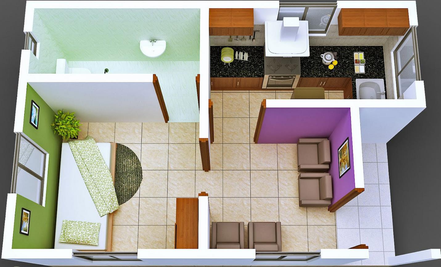 Plano de departamento pequeño de 1 dormitorio y 1 baño
