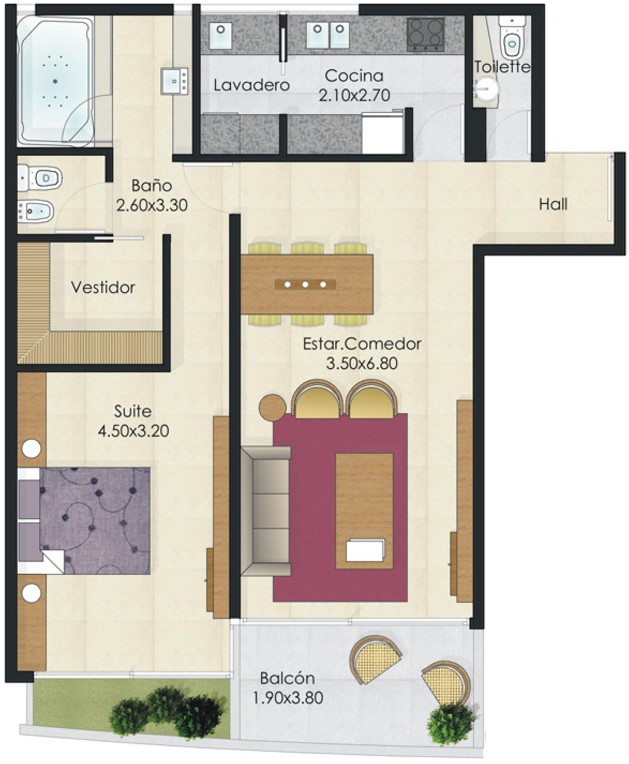 Plano moderno de 1 habitación