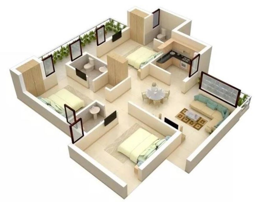 planos-de-casas-de-un-piso-3-dormitorios-en-3d